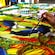 An artisan painting a vibrant batik canvas depicting butterflies, hornbills and tropical foliage